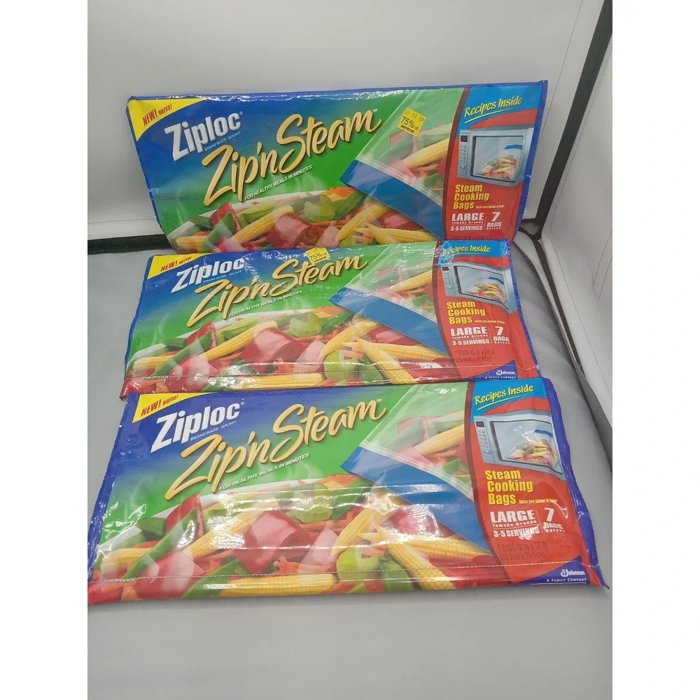 3x New Ziploc Zip N Steam 7 Large Bags Each, Microwave Steam Sealed Discontinued